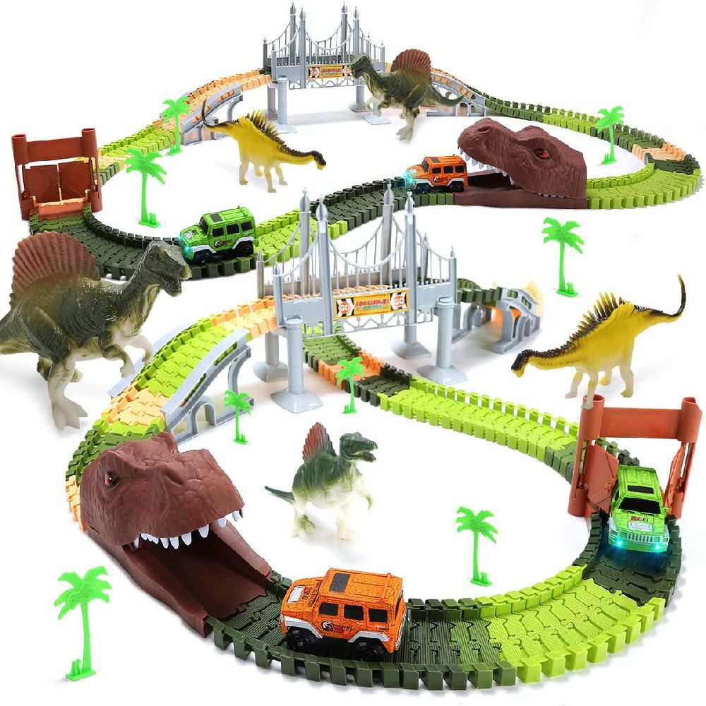 CuteStone - 兒童擬真恐龍世界軌道車套裝組合玩具