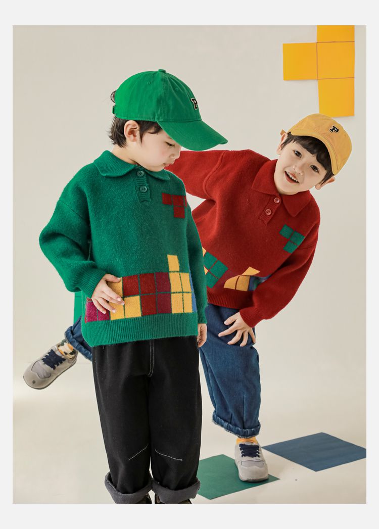 TONGMO - 復古Polo翻領針織長袖毛衣-俄羅斯方塊-黑色