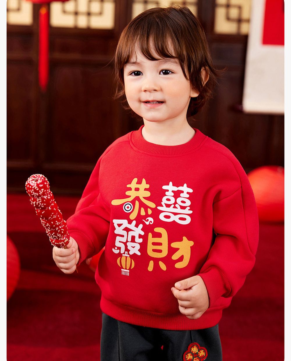 圓領長袖上衣/大學T(加絨)-恭囍發財-紅色
