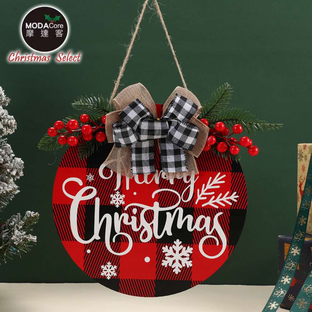 耶誕-木質紅黑格紋紅果聖誕快樂吊飾(單面)