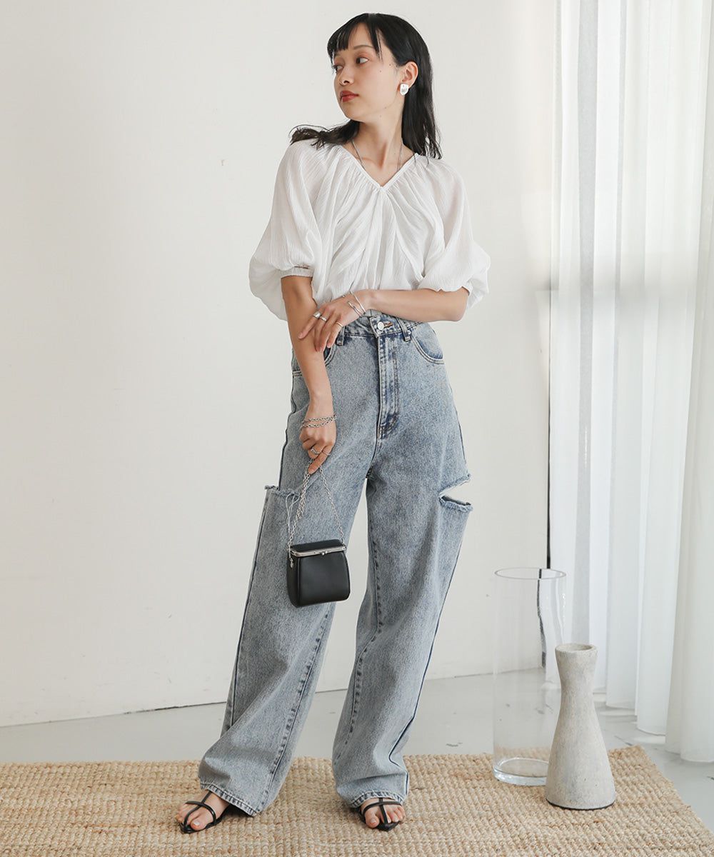 日本 Bab - 嫘縈後綁帶氣球袖上衣-咖啡