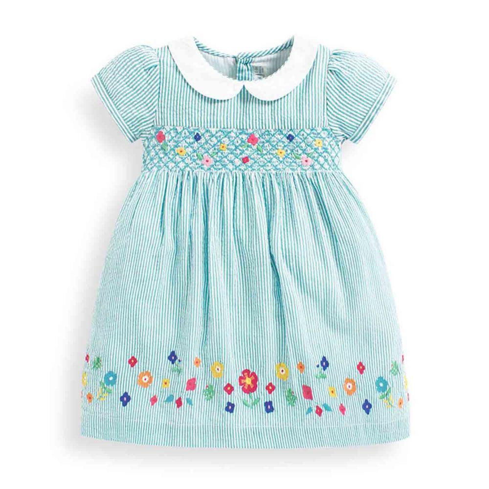 英國 JoJo Maman BeBe - 嬰幼兒/兒童100% 純棉短袖洋裝-藍底花園