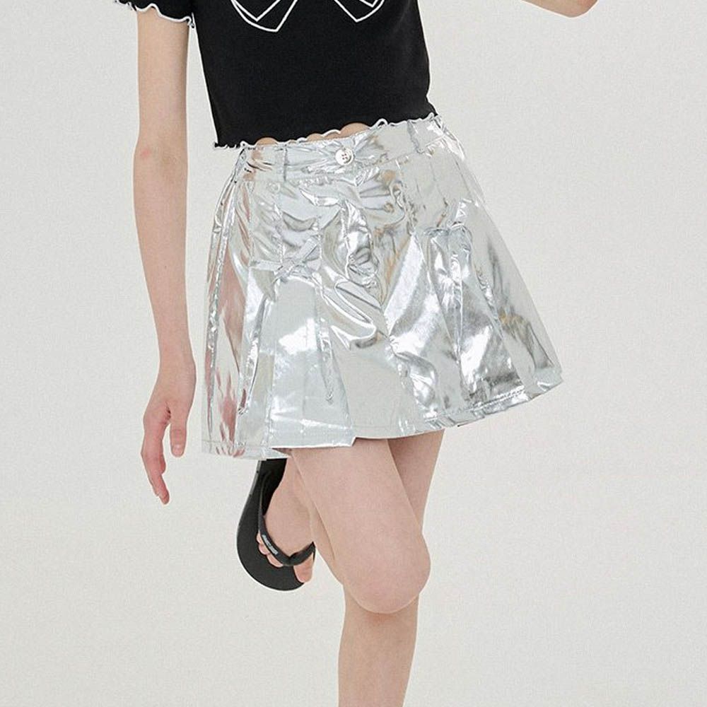 後鬆緊時尚太空金屬感百褶裙-銀