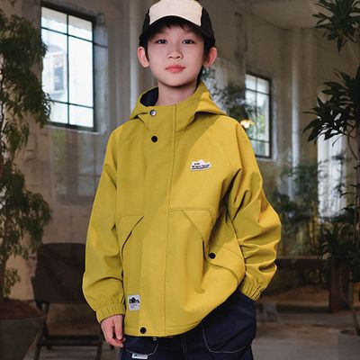 Y B S - 防潑水薄刷絨立領防風連帽外套-黃綠色