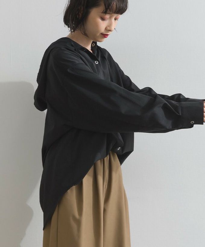 日本 ELENCARE DUE - 復古風磨毛寬版連帽長袖襯衫-黑