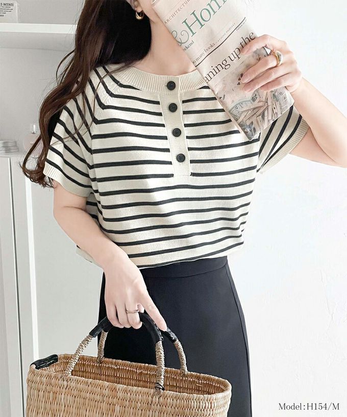 日本 Classical Elf - 定番條紋2way亨利領短袖上衣-摩卡