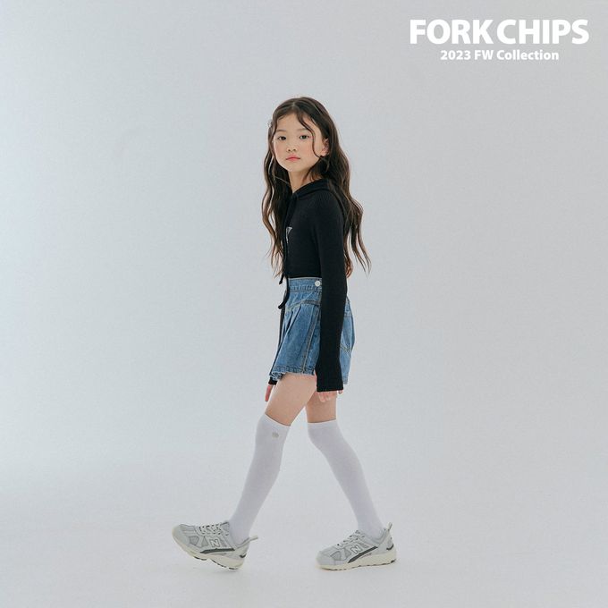 韓國 FORK CHIPS - 鬆緊腰不對稱百褶丹寧褲裙
