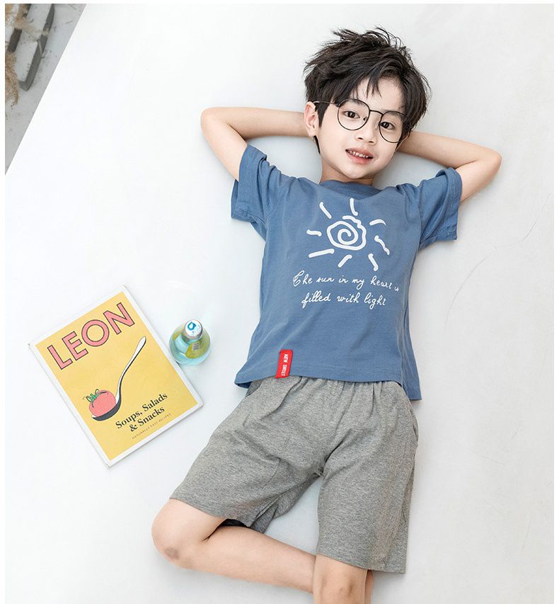 純棉兒童短袖家居服套裝-微笑太陽花-莫蘭迪綠