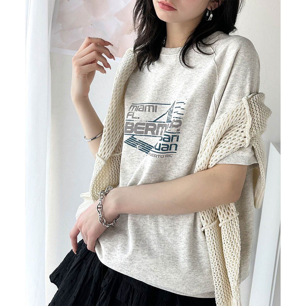 前後2way復古標語印花五分袖上衣-燕麥