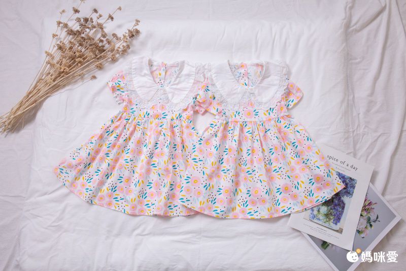 復古娃娃領純棉連身短袖洋裝-藍色花朵