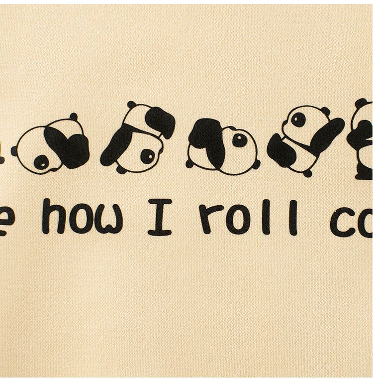 加絨棉質圓領長袖上衣/大學T-翻滾熊貓-杏色