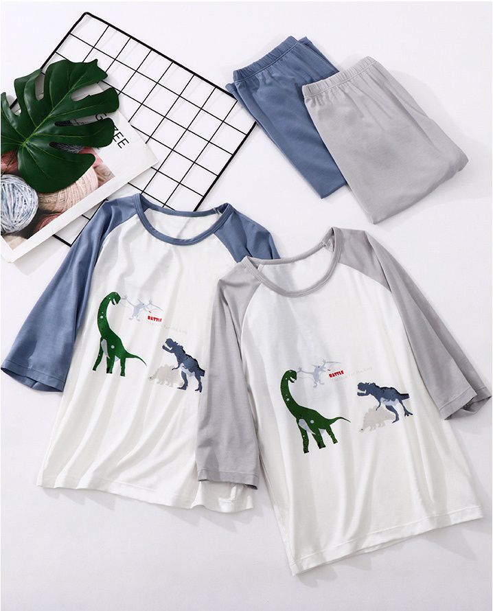 MAMDADKIDS - 莫代爾七分袖套裝/家居服-恐龍公園-霧藍色