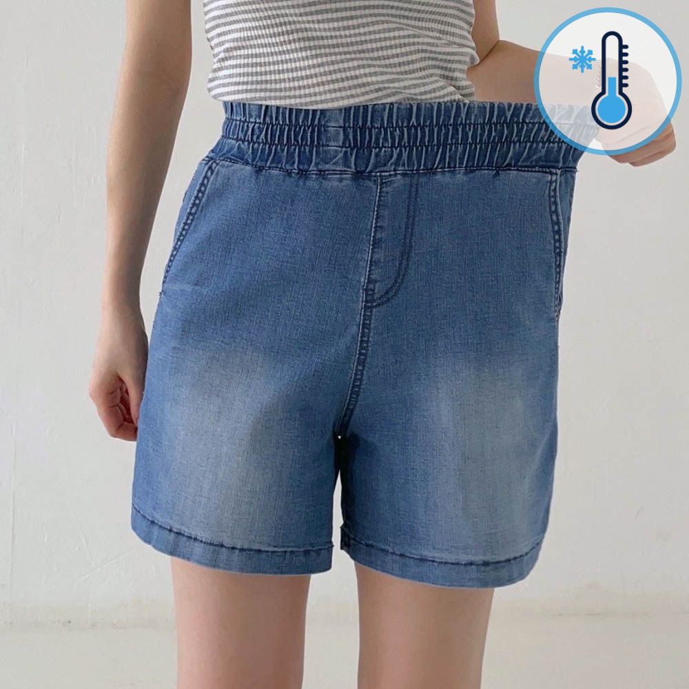 (涼感機能)鬆緊腰舒適丹寧短褲-中青