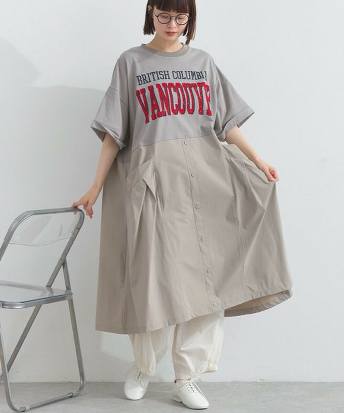 日本 Lupilien - 異素材撞色學院風俐落短袖洋裝-米白