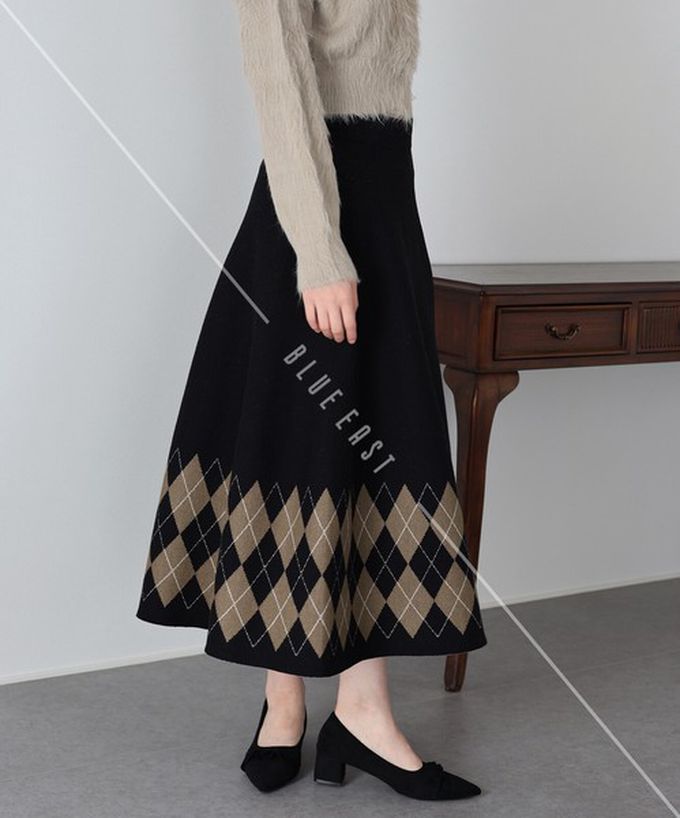 日本 BLUE EAST - 氣質女伶全腰鬆緊皺摺長裙-菱格-黑 (M)