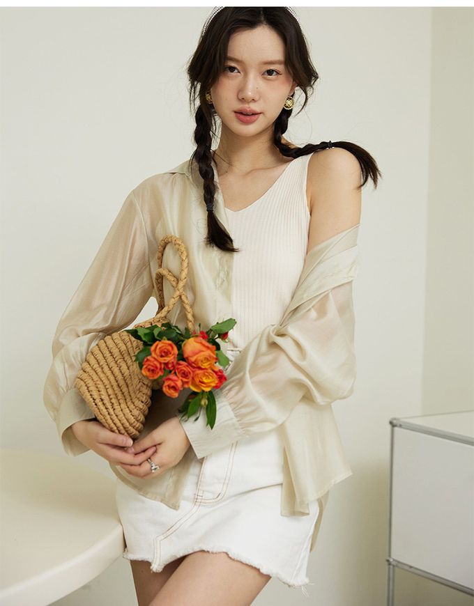 糖果色簡約薄款長袖修身上衣-香檳色