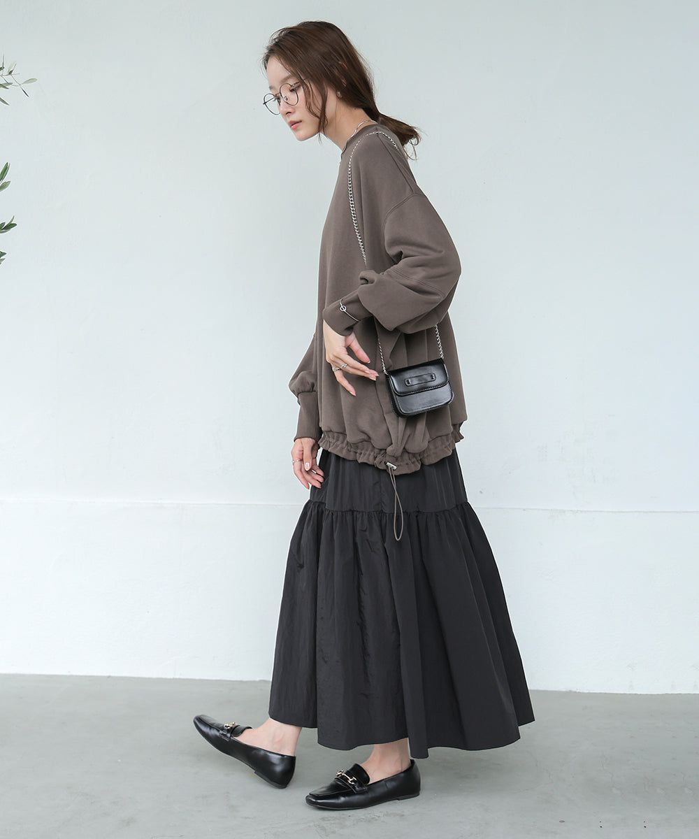 日本 Bab - 假二件拼接休閒束口長袖洋裝-咖棕系