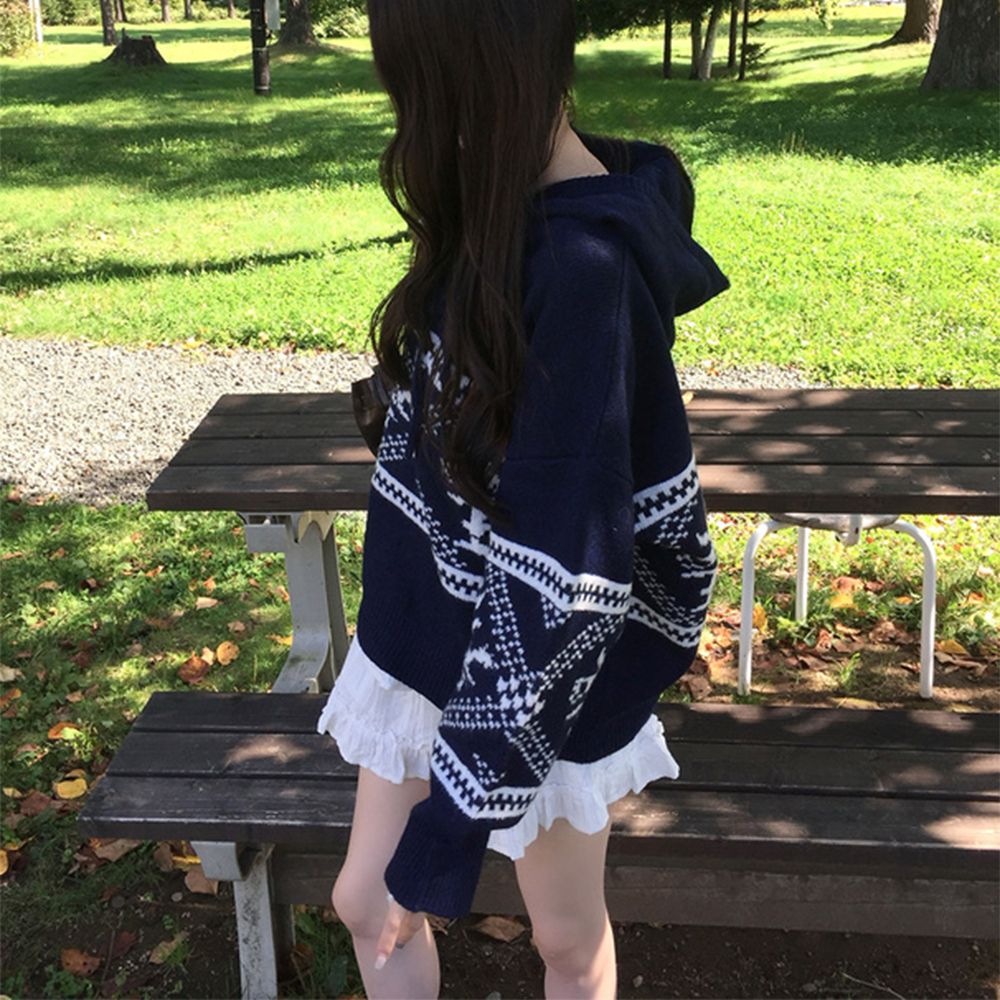 北歐風圖騰溫暖連帽針織上衣-海軍藍 (F)