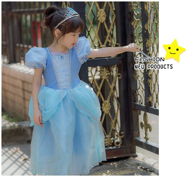 公主寶石裝飾網紗洋裝-藍色