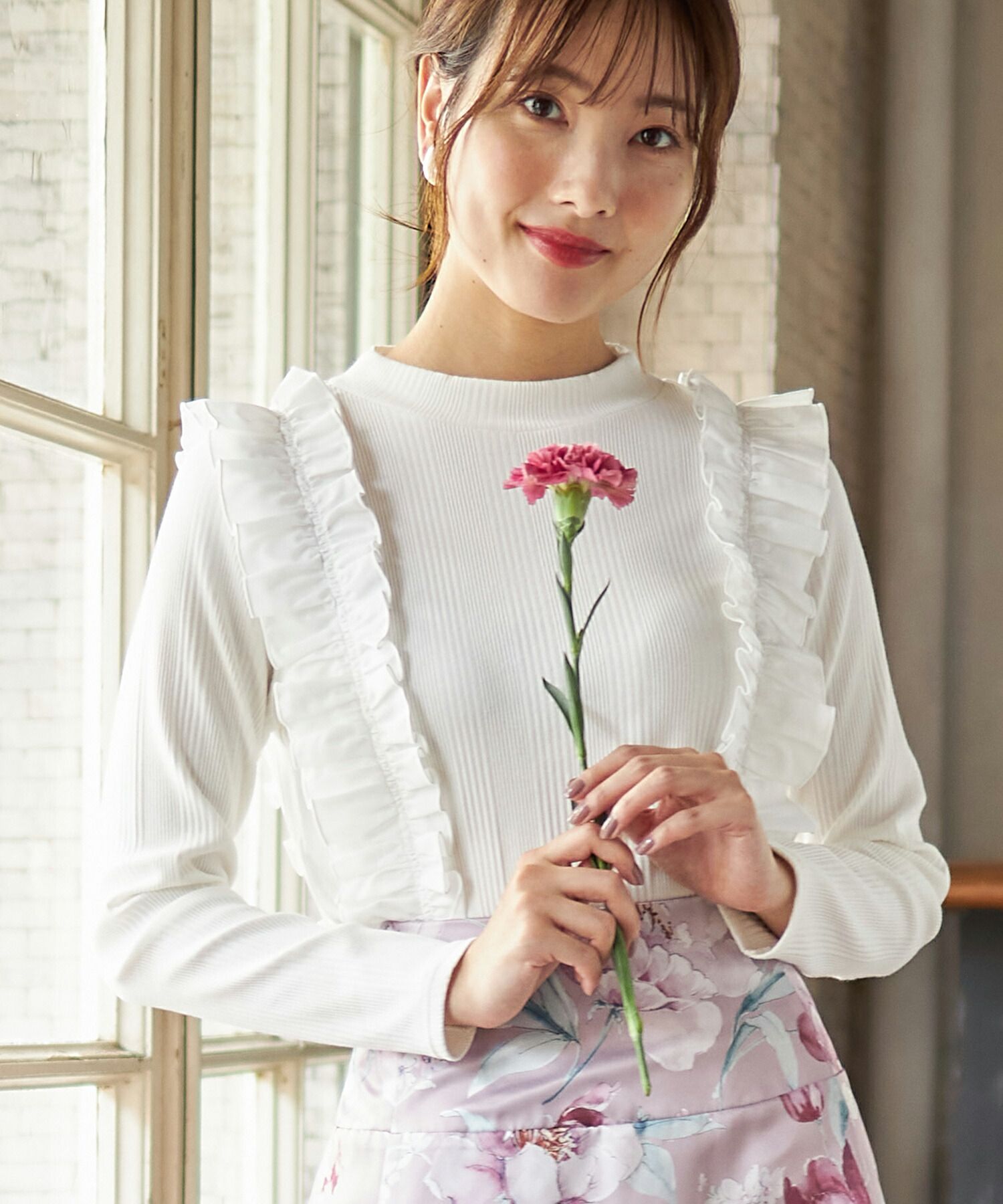 日本 tocco-closet - 奢華荷葉邊羅紋針織上衣-星塵粉