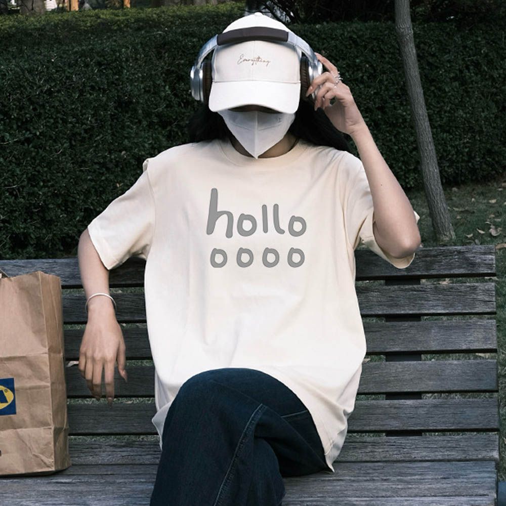 純棉寬版印花T恤-hollooooo-杏色