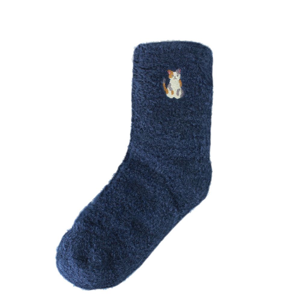 日本 TOMO - 可愛動物刺繡毛絨保暖襪-小花貓-深藍 (22-25cm)