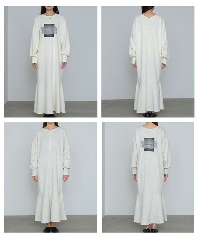 日本 Bab - 前後2way魚尾下擺休閒印花長袖洋裝-淺灰