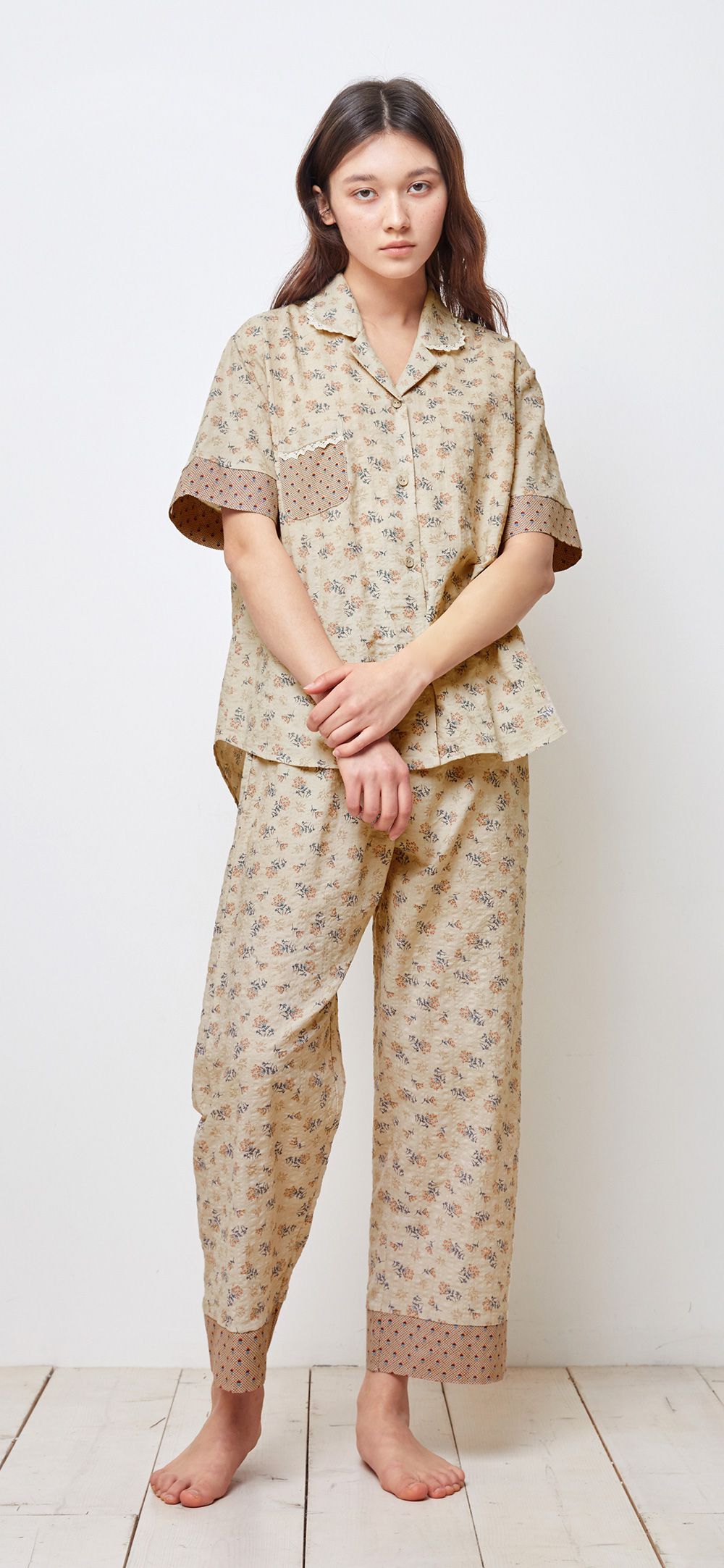 韓國 ULLALA - 復古碎花長褲睡衣(兩件式) (FREE)