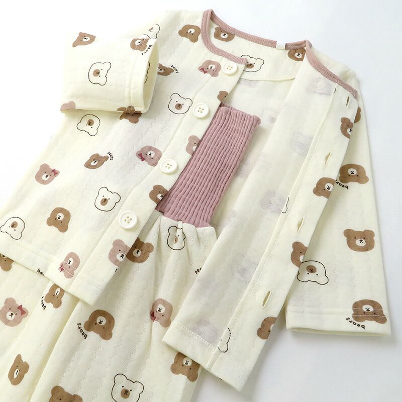 日本 ZOOLAND - 印花腹卷長袖家居服/睡衣-小熊-米杏