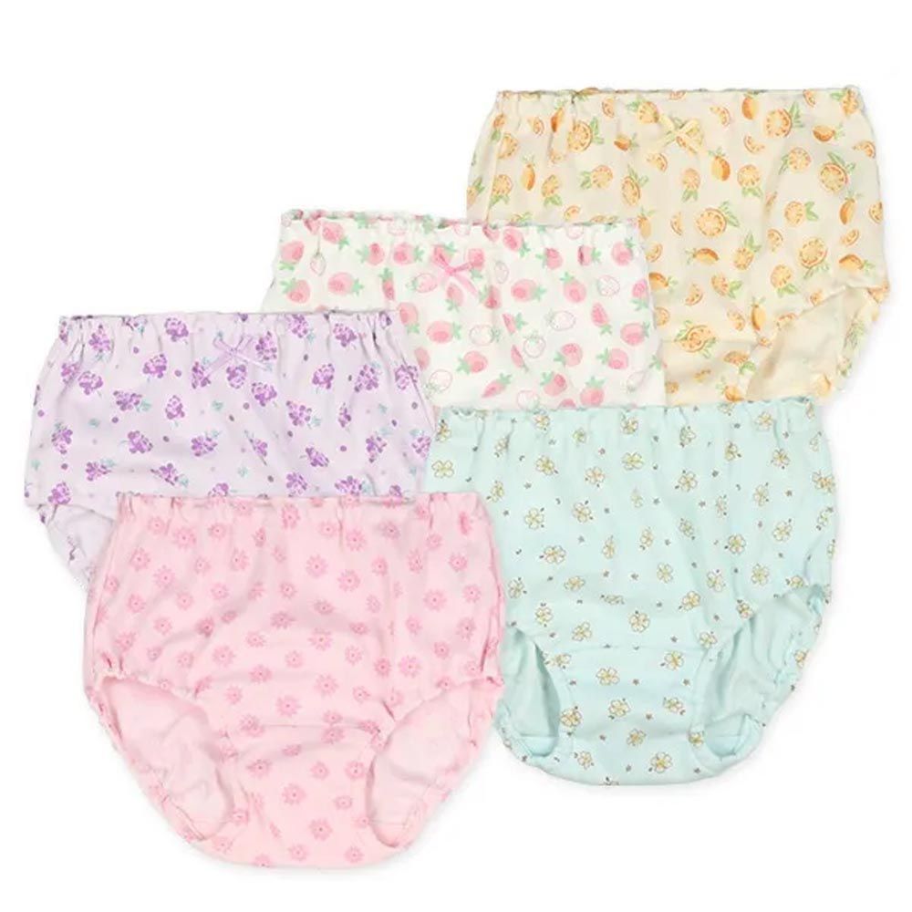 日本西松屋 - 混棉女孩內褲(5件組)-粉嫩花果-粉綠黃