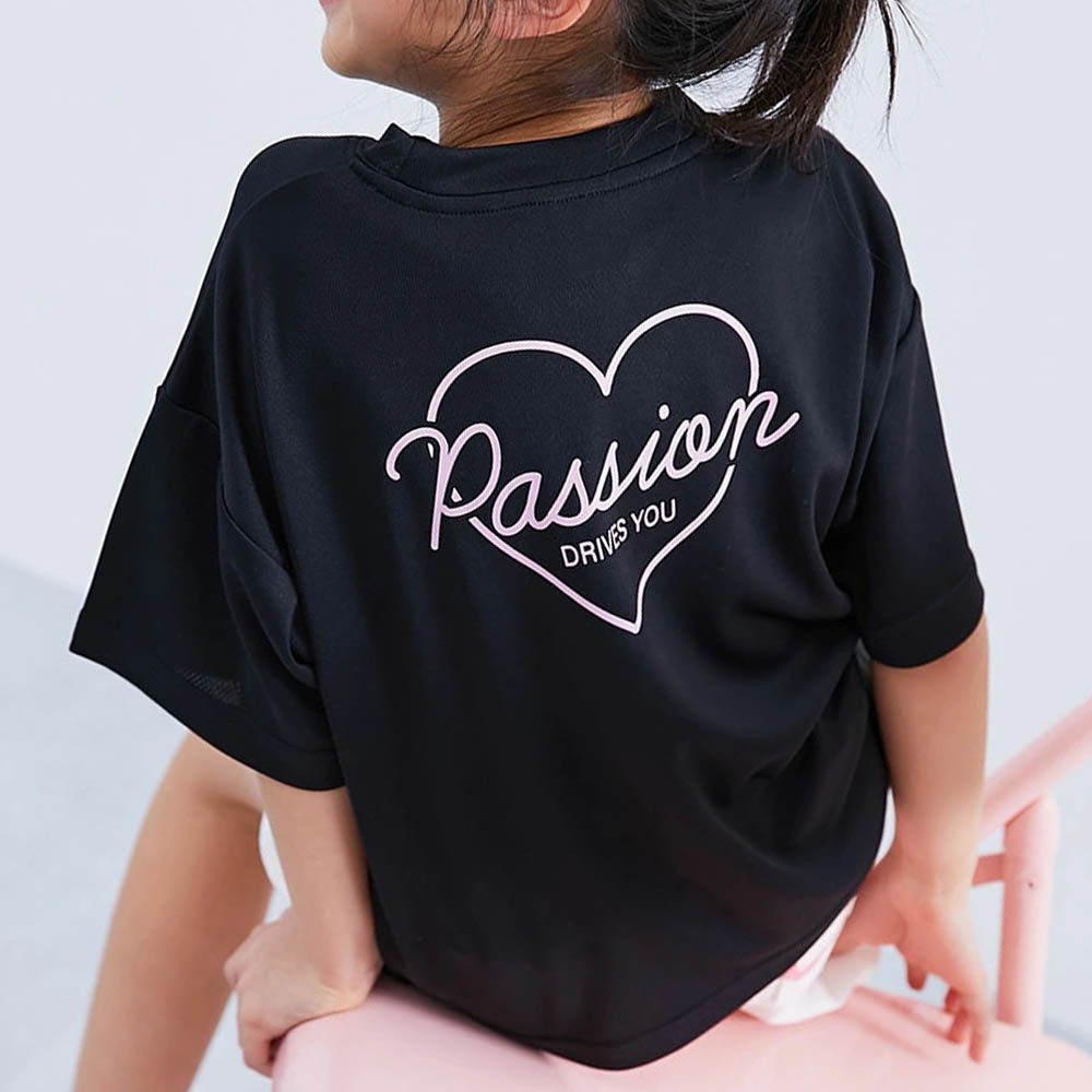 速乾網眼 女孩印花短袖上衣-背後愛心-黑