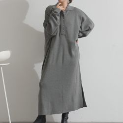 日本 Lupilien - 氣質排扣polo衫針織長袖洋裝-灰