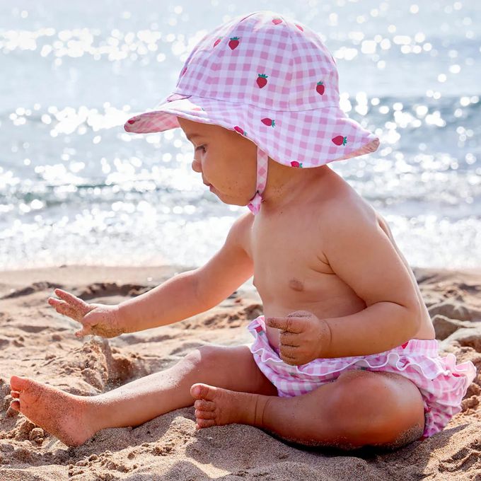 英國 JoJo Maman BeBe - 嬰幼兒/兒童泳裝戲水UPF50+綁帶遮陽帽-草莓甜心