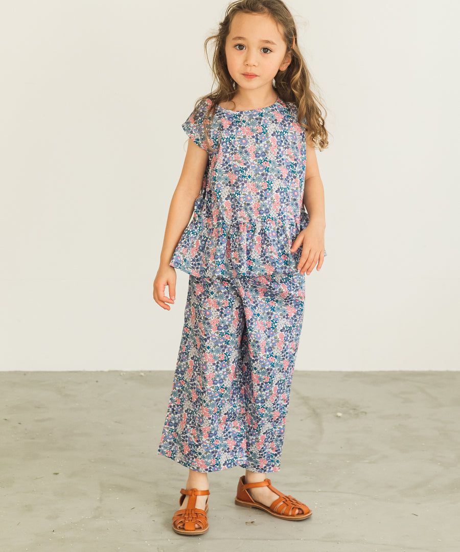 日本 PAIRMANON - 法式復古荷葉衣襬無袖上衣X寬褲兩件組-直條紋-杏