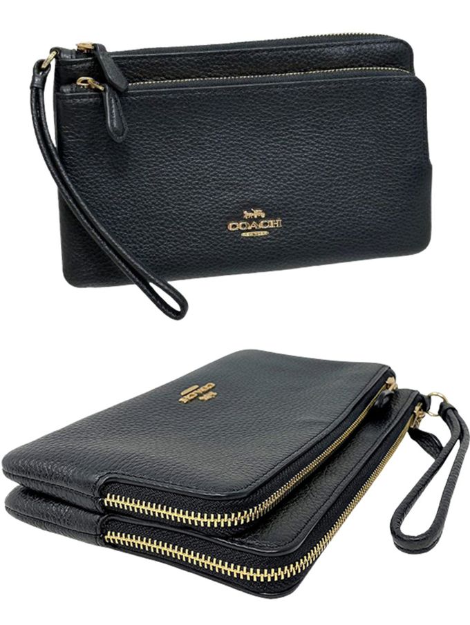 COACH - 拉鍊皮革雙層手拿包 (黑色)