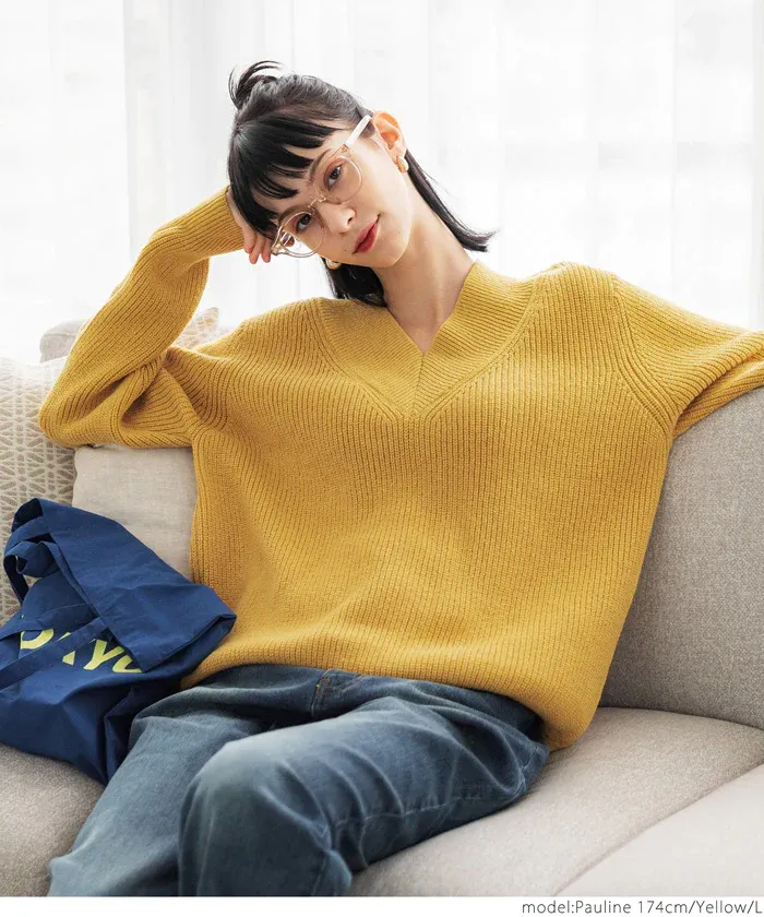 日本 COCA - 文藝V領羅紋針織毛衣-芥黃