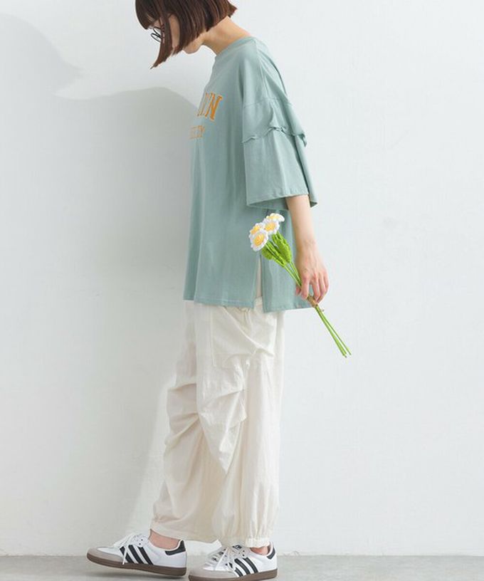 日本 Lupilien - 接觸冷感 學院風印花荷葉寬袖上衣-橘