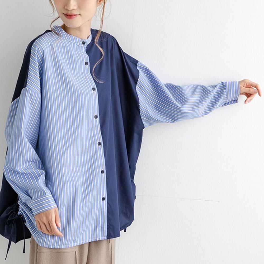 日本 ihuu - 側抽繩條紋撞色長袖襯衫-深藍