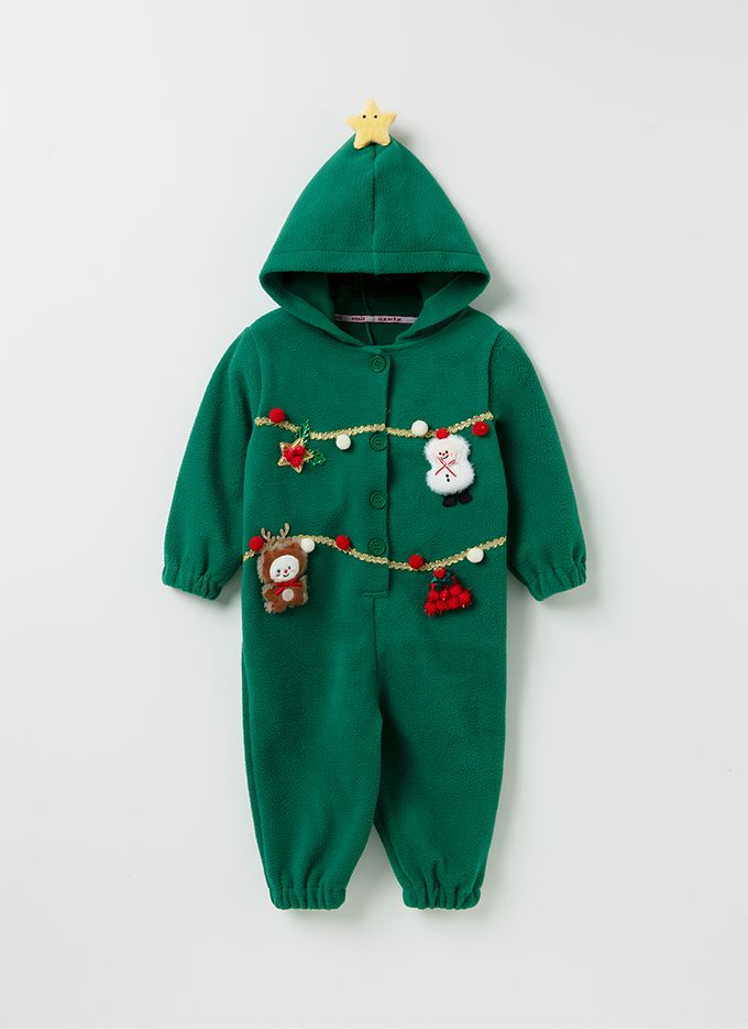 韓國 OZKIZ - 聖誕樹搖粒絨連帽套裝-綠
