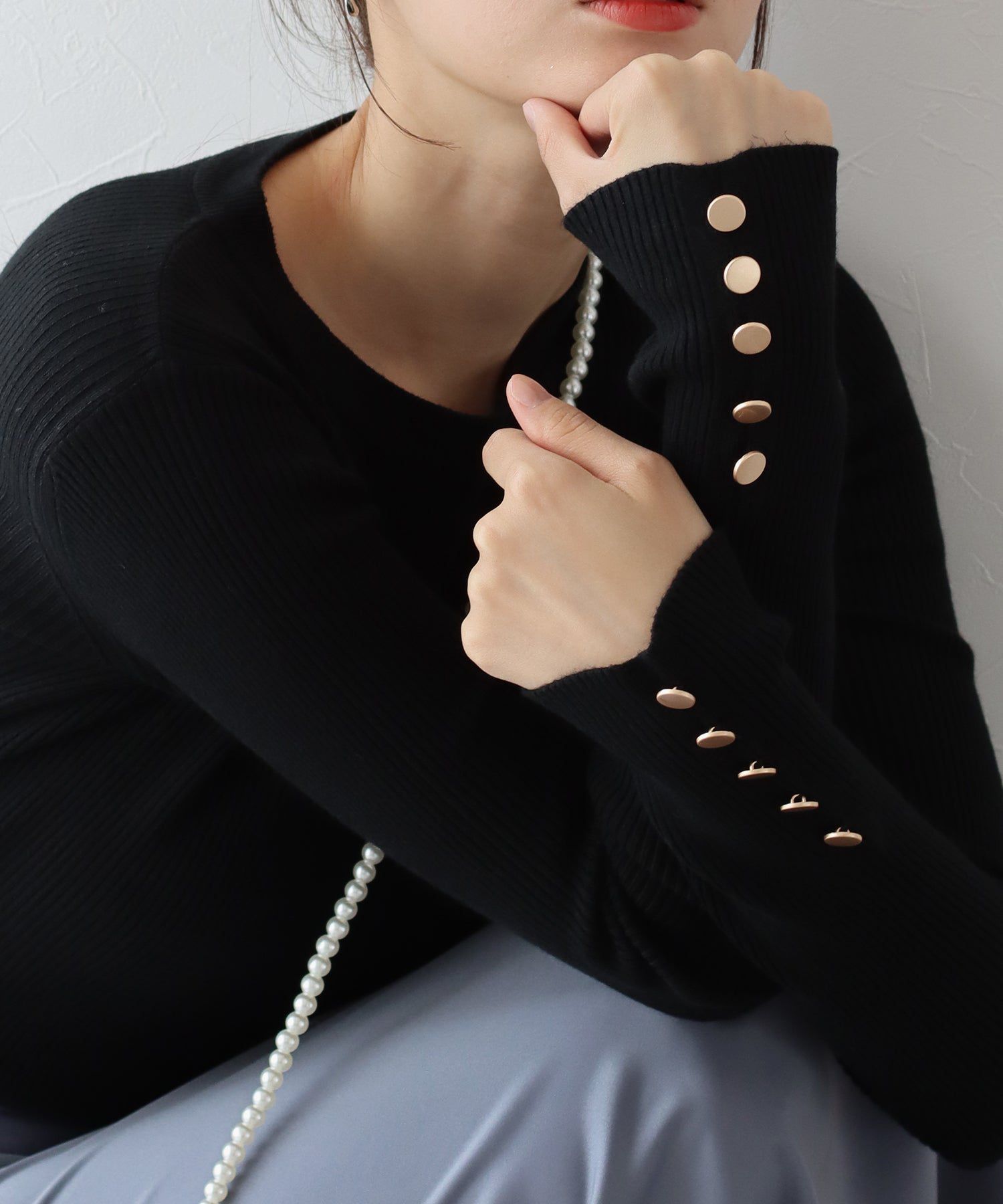 日本 BLUE EAST - 時尚金釦羅紋針織上衣-墨綠