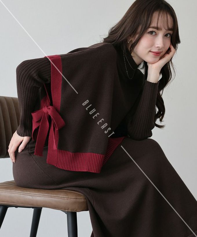 日本 BLUE EAST - [經典款]氣質針織斗篷綁帶長袖洋裝2件組-灰棕