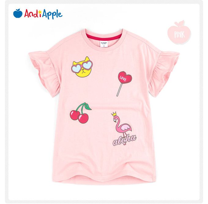 韓國 AndiApple - 童趣圖案荷葉袖長版上衣-粉