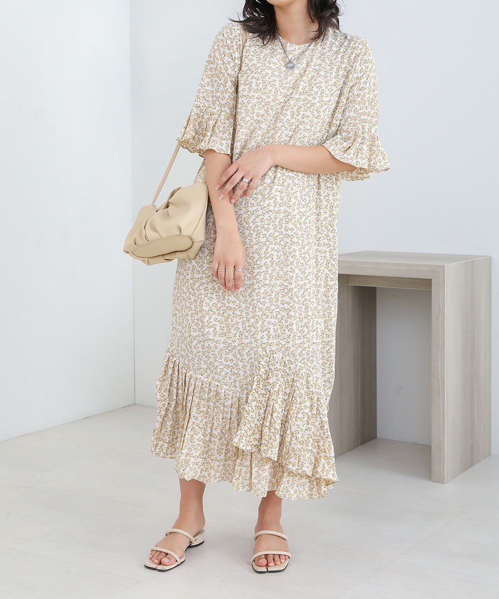 日本 Bab - 圓領碎花糖果袖洋裝-奶油白