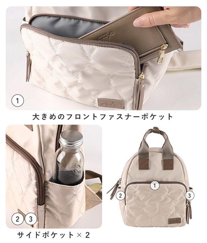 日本 LIZDAYS - 6口袋輕量絎縫時尚小巧後背包-棕x黑