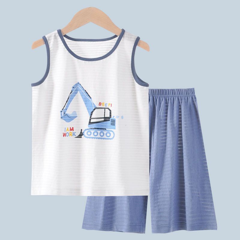 MAMDADKIDS - 竹節棉無袖套裝/家居服-挖掘機-白色