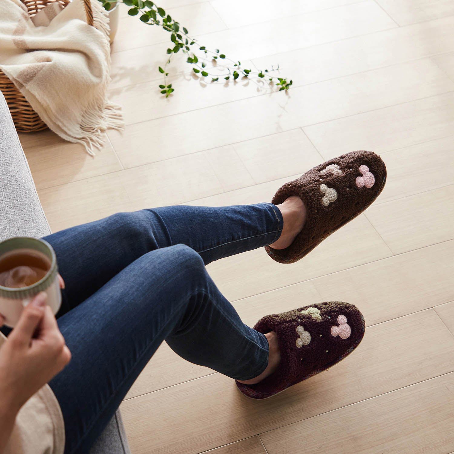 日本千趣會 - 迪士尼 刷毛保暖室內拖鞋-米妮捧臉-粉紅