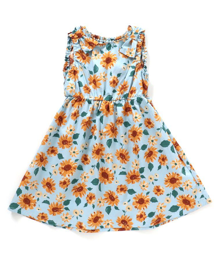 日本 apres les cours - 肩蝴蝶結浪漫印花無袖A字洋裝-向日葵-水藍