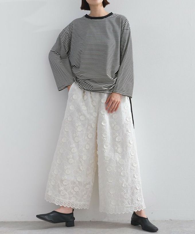 日本 Lupilien - 100%棉 奢華滿版緹花刺繡寬褲-黑