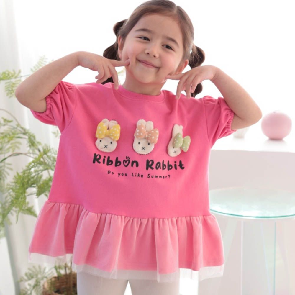 蝴蝶結小兔網紗裝飾泡泡袖短洋裝-桃粉