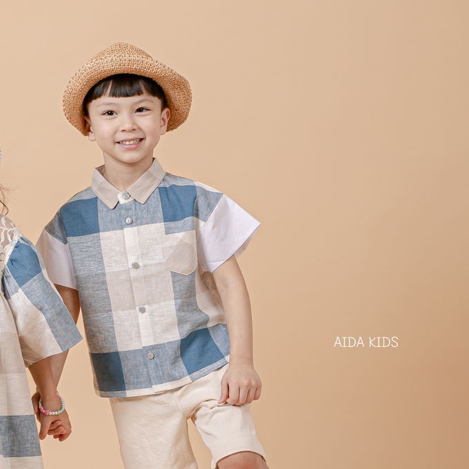 韓國 AIDA - 休閒風格子短袖翻領襯衫-藍X米